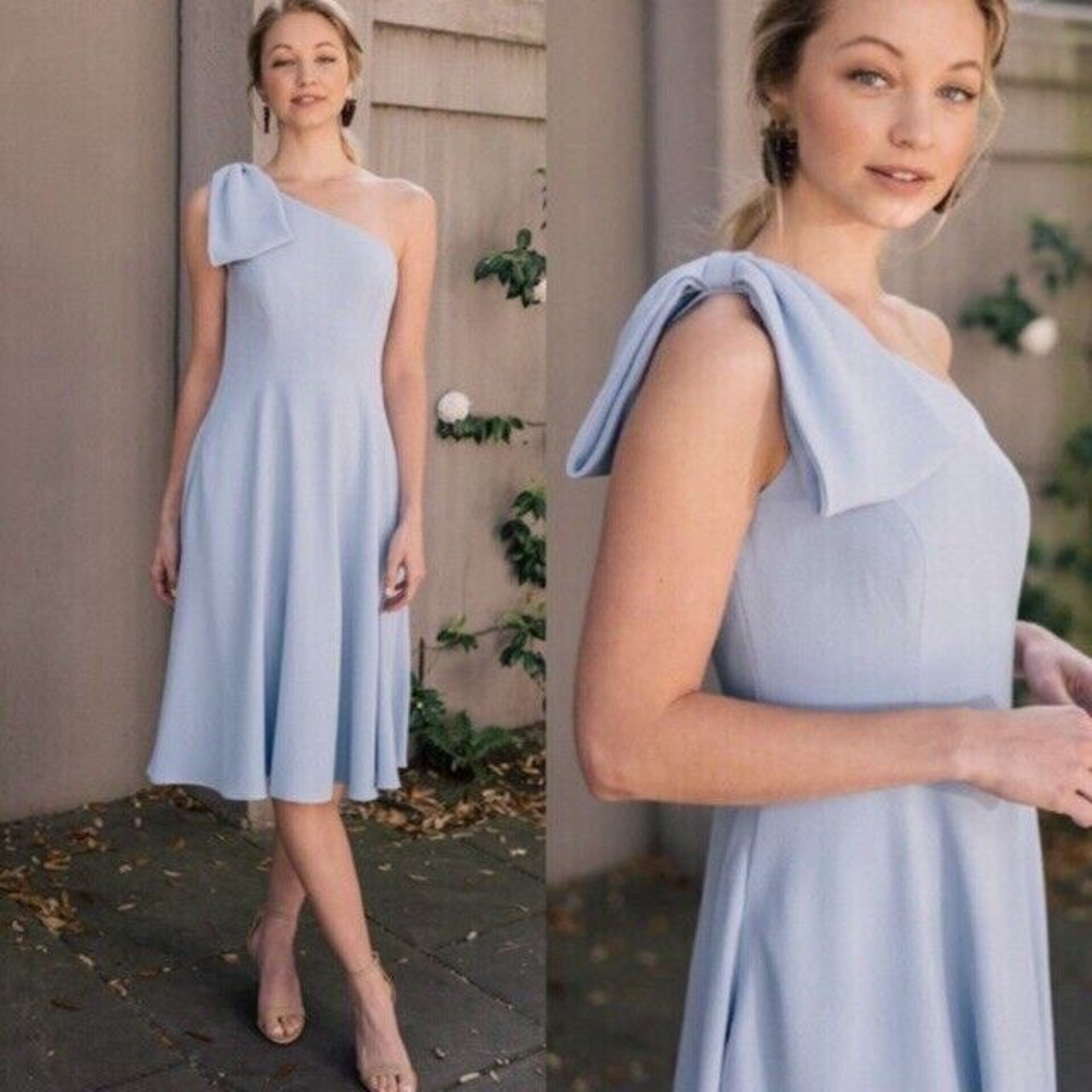 Gal Meets Glam Women 8 P Petite Celine Dress Blue Stone Bow One Shoulder New